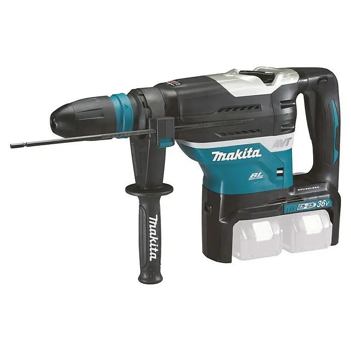 Makita LXT 18V Akku-Kombihammer DHR400ZKUN - 36 V, Ohne Akku, 8 J - Abbildung eines Makita Akku-Bohrhammers mit blaugrünen Akzenten und einem Zusatzhandgriff für Stabilität.