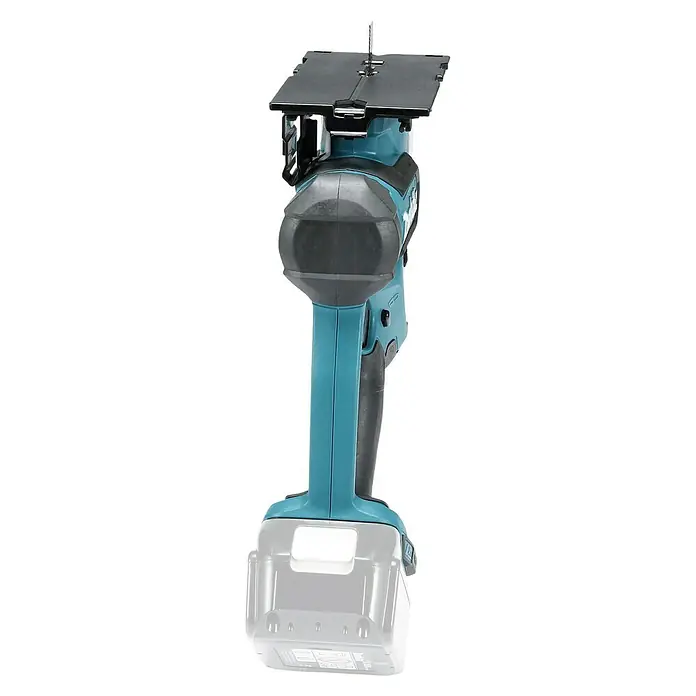 Makita LXT 18V Sierra de batería DSD180Z - 18 V, Sin batería, Número de carreras marcha en vacío: 6.000 /min, Profundidad de corte: 30 mm - Imagen de una sierra de calar inalámbrica Makita JV103DSA, diseñada para trabajos de madera precisos con batería y portaherramientas.
