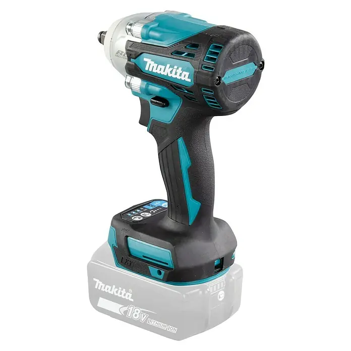 Makita LXT 18V Llave de impacto de batería DTW302 - 18 V, Sin batería, 300 Nm - Imagen de una llave de impacto inalámbrica Makita con una batería de iones de litio de 18 voltios. La herramienta es negra y verde azulado.