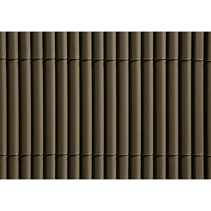 Sichtschutzmatte Comfort - 300 x 90 cm, Kunststoff, Taupe - Nahaufnahme eines braunen Bambuszauns mit horizontalen Bindungen, der eine natürliche und dekorative Gartenbegrenzung bietet.
