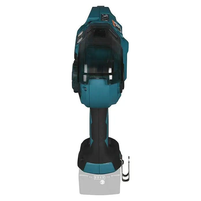 Makita LXT 18V Akku-Bewehrungsverbinder DTR181ZJ - 18 V, Ohne Akku - Nahaufnahme eines akkubetriebenen Schlagschraubers mit blaugrünen Akzenten und einem transparenten Gehäuse, das einen Blick auf die inneren Mechanismen ermöglicht.