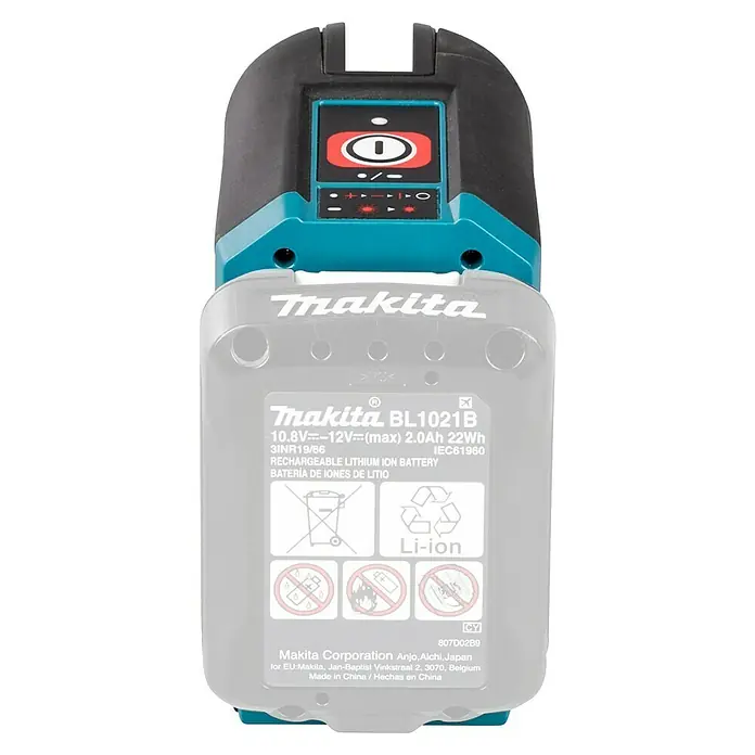 Makita CXT 12V max. Nivel láser en cruz SK105D - 12 V, Sin batería, Zona de trabajo máx.: 25 m - Imagen de una batería Makita BL1021B, una batería de Li-Ion de 10.8V-12V con capacidad de 2.0Ah, ideal para herramientas inalámbricas.