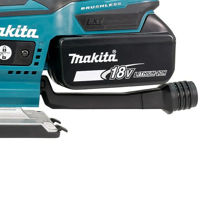 Makita LXT 18V Akku-Pendelhubstichsäge DJV185RF1J - 18 V, Li-Ionen, Anzahl Akkus: 1 Akku, Leerlaufhubzahl: 800 /min - 3.000 /min - Detailaufnahme eines Makita-Werkzeugs mit Akku und Bürstenloser Technologie, ideal für professionelle Anwendungen.