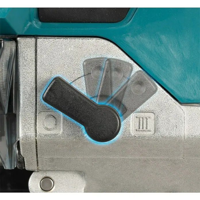 Makita XGT 40V max. Akku-Pendelhubstichsäge JV001GZ - 40 V, Ohne Akku, Leerlaufhubzahl: 800 /min - 3.500 /min - Nahaufnahme eines silbernen Makita-Werkzeugs mit einem schwarzen Drehknopf zur Einstellung von Parametern.