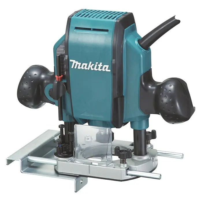 Makita Oberfräse RP0900J - 900 W, 0 U/min - 27.000 U/min, Frästiefe: 35 mm - Bild einer Makita Oberfräse, einem Werkzeug zum Bearbeiten von Holz und anderen Materialien. Ideal für präzise Arbeiten.