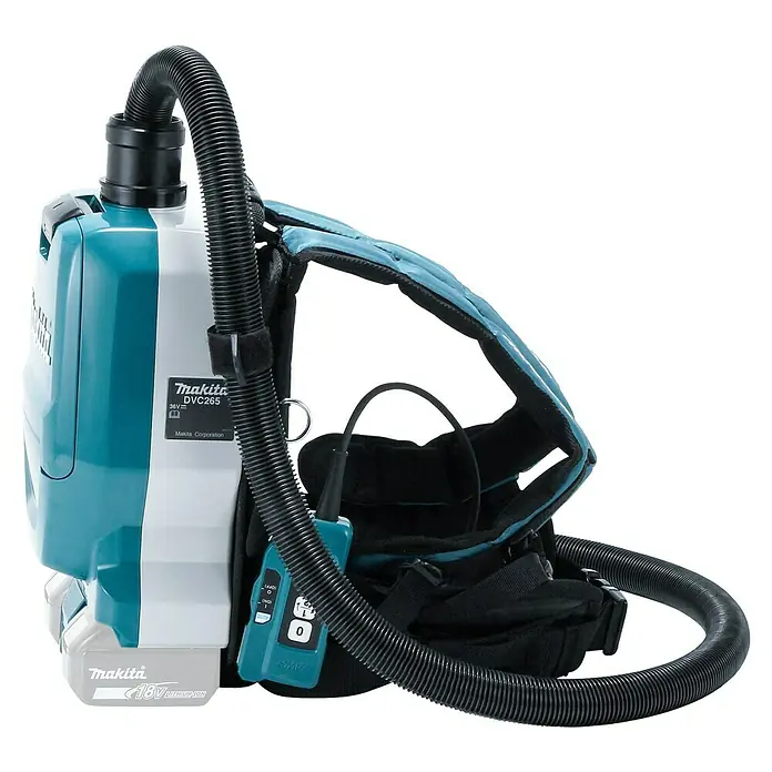 Makita LXT 18V Aspiradora con mochila de batería DVC265ZXU - 36 V, Sin batería, Volumen de recipiente: 2 l - La aspiradora de mochila inalámbrica Makita DVC265ZX1 con su cómodo sistema de transporte y manguera de aspiración flexible es perfecta para limpiar.