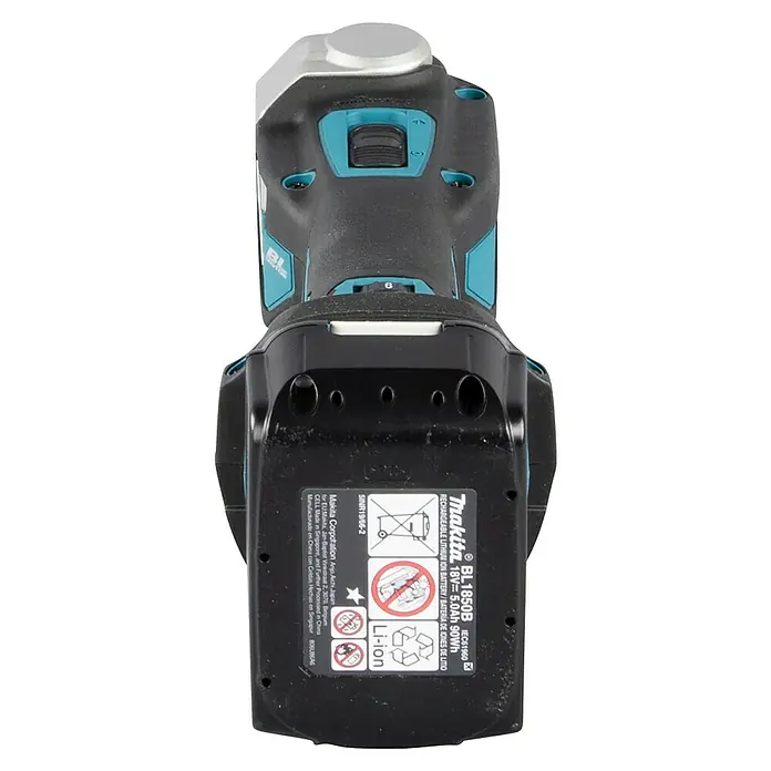 Makita LXT 18V Akku-Multifunktionswerkzeug DTM52T1JX2 - 18 V, 1 Akku - Nahaufnahme eines Makita BL1850B 18V Akkus, der für seine Leistung und lange Lebensdauer bekannt ist.