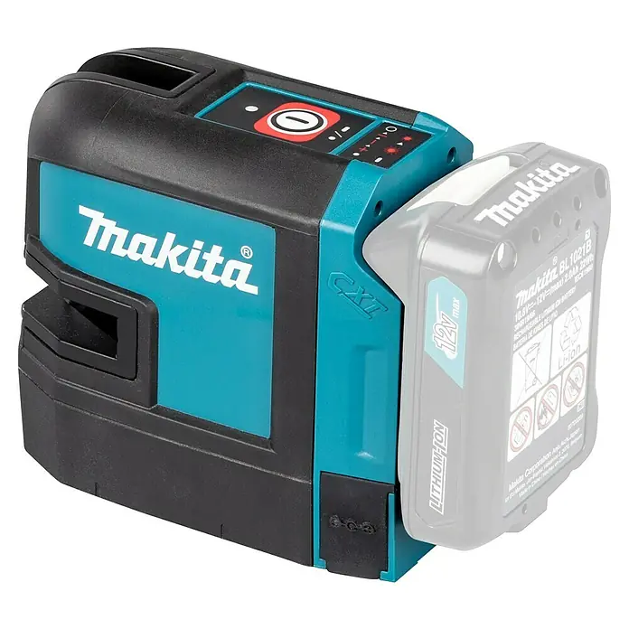 Makita CXT 12V max. Kreuzlinienlaser SK105DZ - 12 V, Ohne Akku, Max. Arbeitsbereich: 25 m - Nahaufnahme eines Makita CXT-Laser-Nivelliergeräts mit eingesetztem Akku, das die Marke und das Batteriesystem hervorhebt.