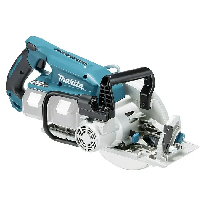 Makita LXT 18V Akku-Handkreissäge DRS780Z - 36 V, Ohne Akku, Durchmesser Sägeblatt: 185 mm, 0 U/min - 5.100 U/min - Nahaufnahme einer Makita Tauchsäge mit blaugrünem Gehäuse, schwarzem Griff und silbernen Akku-Einschüben.