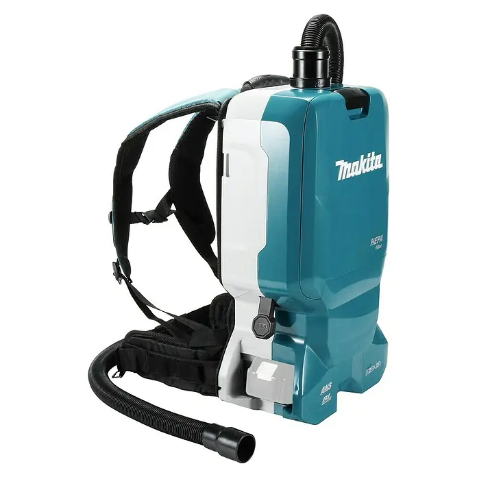 Makita LXT 18V Akku-Rucksackstaubsauger DVC665ZU - 36 V, Ohne Akku, Behältervolumen: 6 l, Mit Beutel - Abbildung eines Makita-Akku-Rucksacksaugstaubers in blau-weiß, ideal für den mobilen Einsatz auf Baustellen und in Werkstätten.