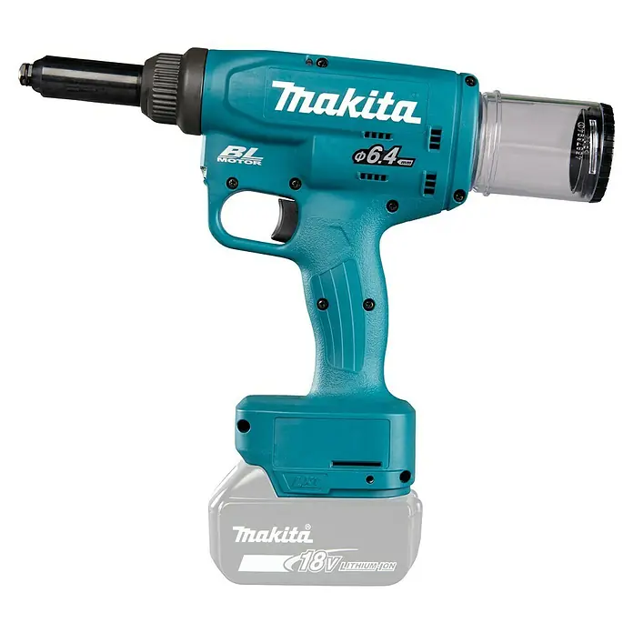 Makita LXT 18V Pistola remachadora de batería DRV250 - 18 V, Sin batería, Altura de elevación: 30 mm - Primer plano de una remachadora inalámbrica Makita con batería de 18V, diseñada para remachar de forma precisa y rápida.