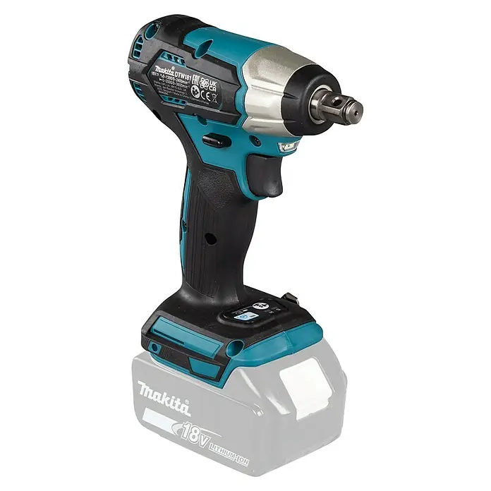 Makita LXT 18V Llave de impacto de batería DTW181 - 18 V, Sin batería, 210 Nm - La imagen muestra una llave de impacto inalámbrica Makita DTW181, una herramienta potente equipada con una batería de iones de litio de 18V para aplicaciones profesionales.