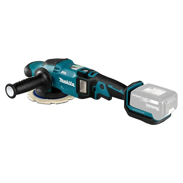 Makita LXT 18V Pulidora excéntrica de batería DPO600 - 18 V, Sin batería, Diámetro plato de pulir: 150 mm - Imagen de una pulidora inalámbrica Makita con mango lateral y batería.