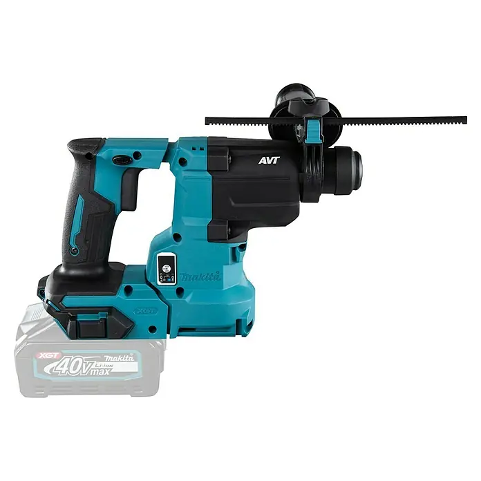 Makita XGT 40V max. Akku-Kombihammer HR010GZ - 40 V, Ohne Akku, 2,1 J - Abgebildet ist ein Makita Akku-Bohrhammer, ein robustes Werkzeug mit einem markanten Design und einer leistungsstarken Batterie für anspruchsvolle Bohrarbeiten.