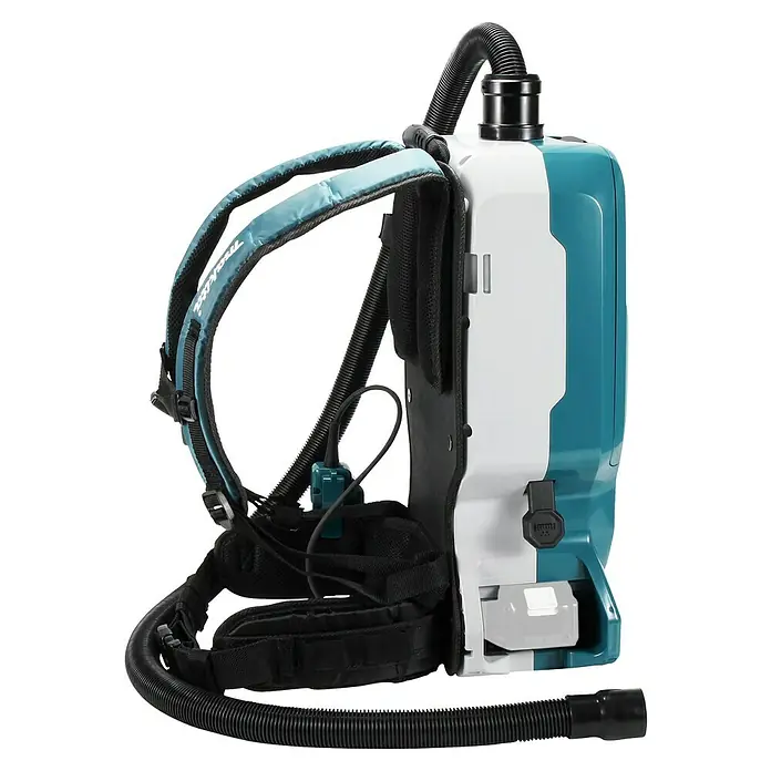 Makita LXT 18V Aspiradora con mochila de batería DVC665ZU - 36 V, Sin batería, Volumen de recipiente: 6 l, Con bolsa - Vista lateral de una aspiradora de mochila inalámbrica Makita con detalles en azul y blanco, ideal para uso móvil.