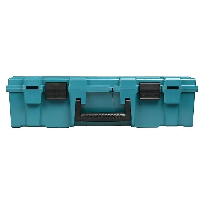 Makita Kombihammer HR5212C - 1.510 W, 20 J, SDS-Max-Aufnahme - Nahaufnahme eines türkisfarbenen Werkzeugkoffers mit schwarzen Verschlüssen und Griff. Ideal für die Werkzeugaufbewahrung.