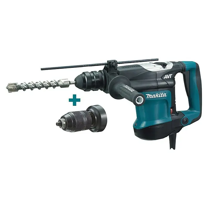 Makita Kombihammer HR3210FCT - 850 W, 4,9 J, SDS-Plus-Aufnahme - Abgebildet ist ein Makita-Bohrhammer mit Bohrer und zusätzlichem Bohrfutter, ideal für schwere Bohrarbeiten und Abbrucharbeiten.
