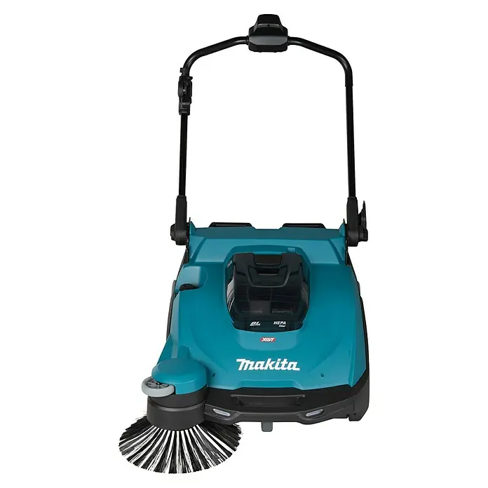 Makita XGT 40V max. Akku-Handkehrmaschine VS001GZ - 40 V, Arbeitsbreite: 650 mm, 24 l - Abbildung einer Makita Akku-Kehrmaschine mit rotierenden Bürsten für die Reinigung großer Flächen.
