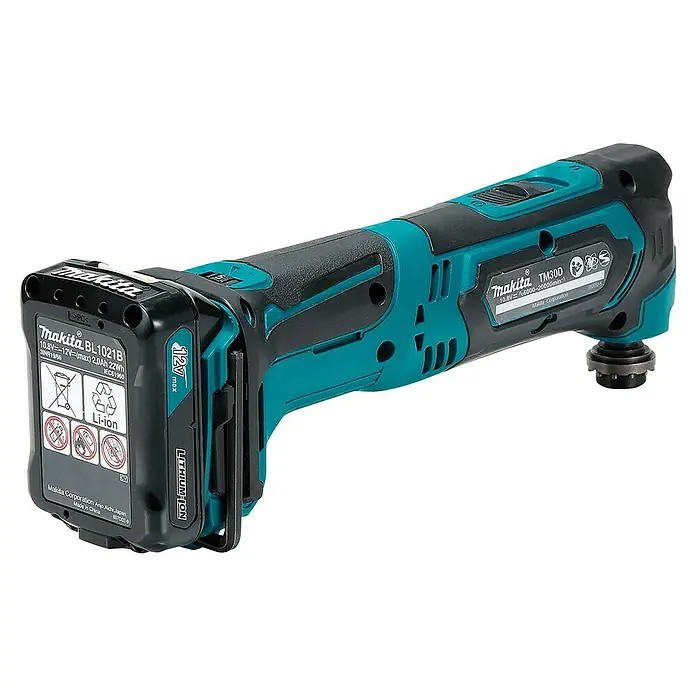 Makita Multiherramienta de batería TM30DSMJX5 - 12 V, 1 batería, 4 Ah - Imagen de una multiherramienta Makita TM30D que muestra su diseño y batería.