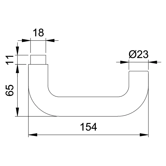 Portaferm Drückerlochteil - Vierkantstift: 8 mm, Weiß, U-Form, Durchmesser Rohr: 23 mm - Technische Zeichnung einer U-förmigen Griffstange mit Maßangaben. Ideal für Badezimmer oder Küche.