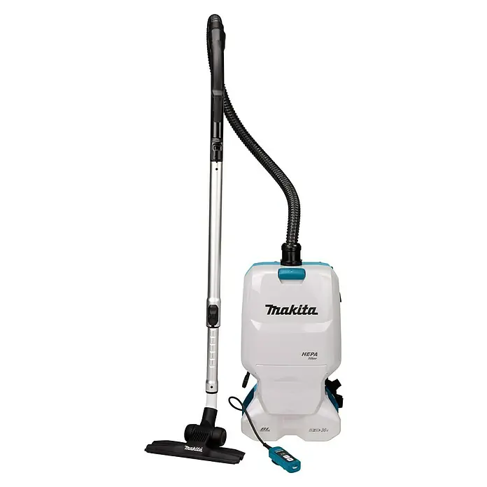 Makita LXT 18V Aspiradora con mochila de batería DVC660Z - 36 V, Sin batería, Volumen de recipiente: 6 l - Imagen de una aspiradora de mochila Makita con filtro HEPA, ideal para uso profesional. Potente y cómoda.