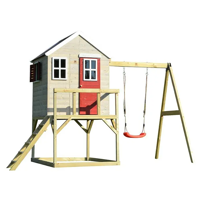 Wendi Toys Spielhaus Zebra - Glas, Natur/Rot - Ein farbenfrohes Kinderspielhaus mit Schaukel, das Abenteuer und Spaß im Garten verspricht. Ideal für fantasievolles Spielen.