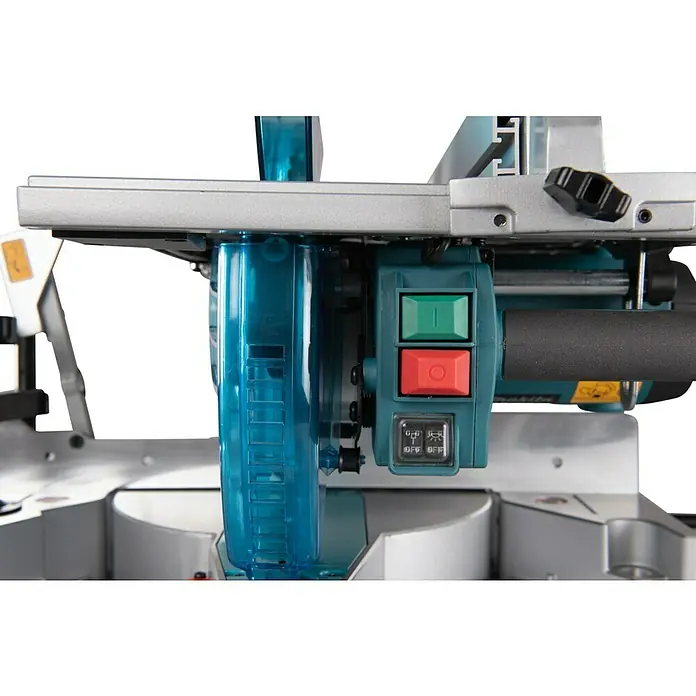 Makita Kapp- & Gehrungssäge LH1201FL - 1.650 W, Durchmesser Sägeblatt: 305 mm, Leerlaufdrehzahl: 0 U/min - 3.800 U/min - Nahaufnahme der Steuerungselemente einer Paneelsäge mit Start/Stopp-Tasten und Schalter zur Lichtsteuerung.