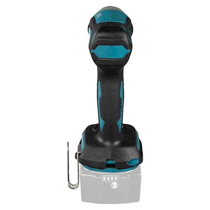 Makita LXT 18V Akku-Schlagschrauber DTW181Z - 18 V, Ohne Akku, 210 Nm - Eine Nahaufnahme des Akku-Bohrschraubers mit blaugrünen Akzenten und einem Batteriefach, das auf einen niedrigen Ladestand hinweist.