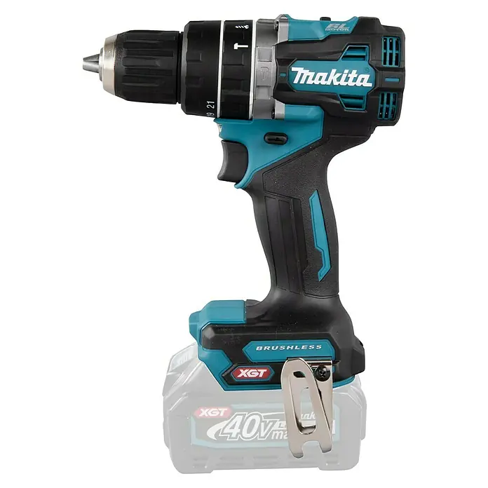 Makita XGT 40V max. Akku-Schlagbohrschrauber HP002GZ - 40 V, Ohne Akku, 64 Nm - Bild einer Makita Akku-Bohrmaschine mit blaugrünen Akzenten, die hohe Qualität und Leistung verspricht. Ideal für Profi- und Heimwerkerarbeiten.