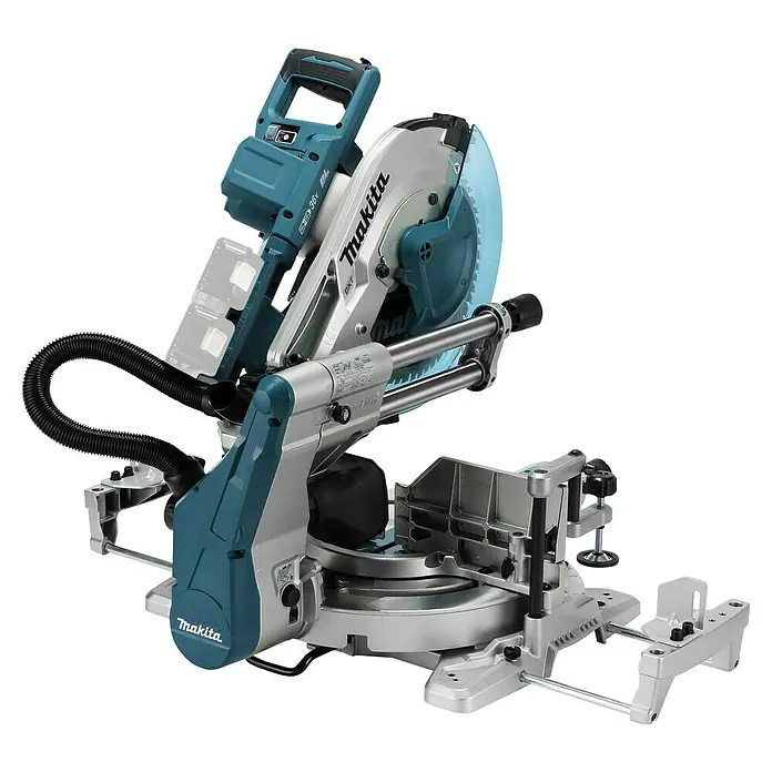 Makita LXT 18V Akku-Kapp- & Gehrungssäge DLS211ZU - 36 V, Ohne Akku - Bild einer Makita DLS211 Akku-Kapp- und Gehrungssäge, die für präzise Holzarbeiten entwickelt wurde.\n