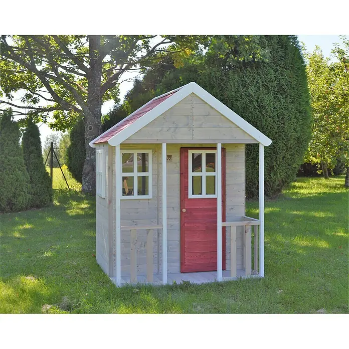 Wendi Toys Spielhaus Fuchs - L x B x H: 120 x 120 x 155 cm, Holz, Natur/Rot - Ein bezauberndes Spielhaus aus Holz mit roter Tür und weißen Akzenten, ideal für fantasievolle Spiele im Garten.