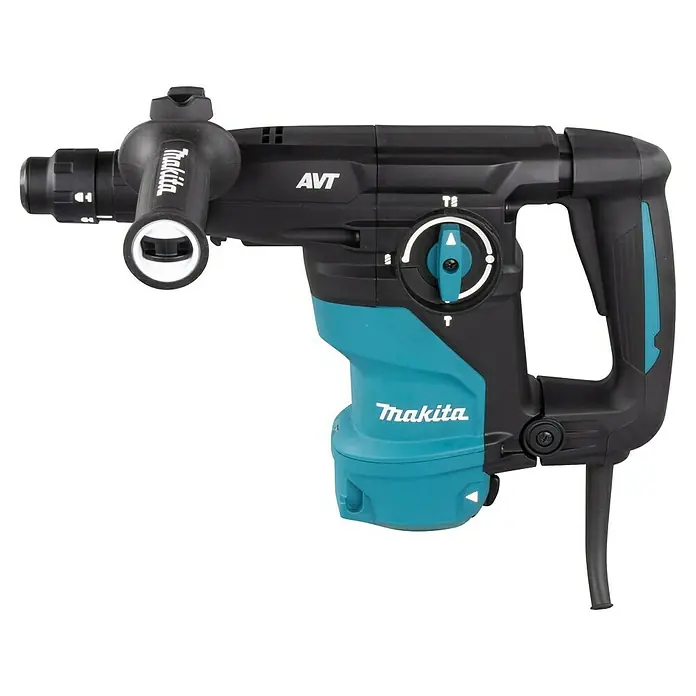 Makita Martillo combinado HR3012FCJ - 1.050 W, 3,9 J, Alojamiento SDS-Plus - Primer plano de un martillo rotativo Makita AVT, que muestra su diseño azul y negro, conocido por la tecnología antivibración.