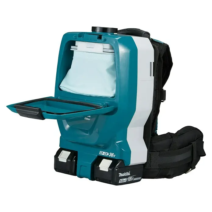 Makita LXT 18V Aspiradora con mochila de batería DVC265ZXU - 36 V, Sin batería, Volumen de recipiente: 2 l - Aspiradora de mochila inalámbrica Makita con compartimento de polvo abierto y dos baterías, perfecta para limpieza flexible.