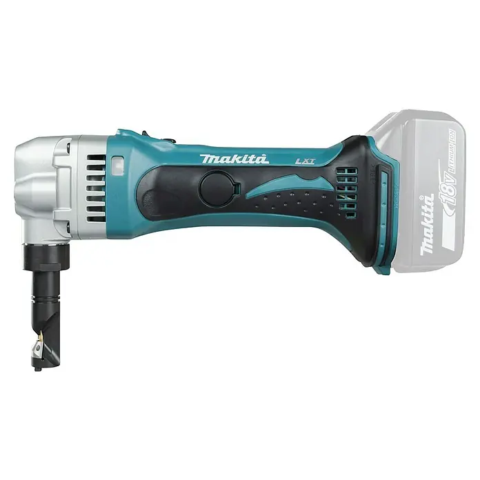 Makita LXT 18V Roedora de chapa DJN161 - 18 V, Sin batería - Roedora de metal inalámbrica Makita con batería de 18V. La herramienta es turquesa y negra. Ideal para cortar chapa metálica.