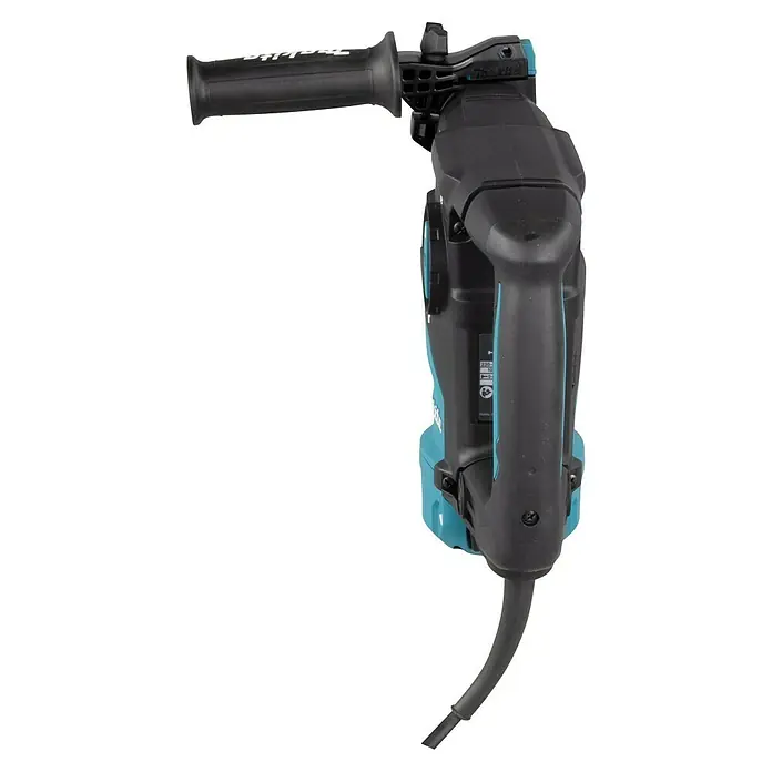 Makita Kombihammer HR3012FCJ - 1.050 W, 3,9 J, SDS-Plus-Aufnahme - Abgebildeter Makita Bohrhammer mit seitlichem Griff und Stromkabel. Das Gerät ist schwarz mit türkisen Akzenten.