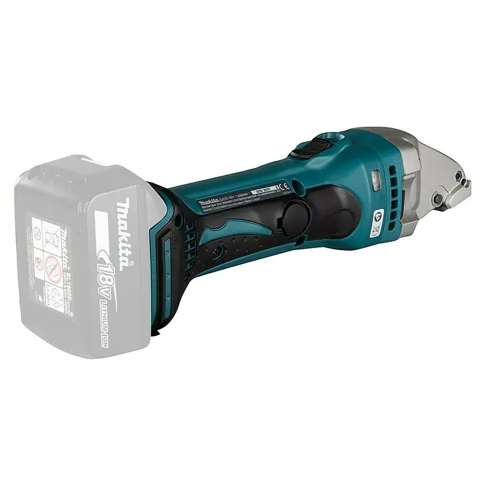 Makita LXT 18V Cizalla de batería DJS161Z - 18 V, Sin batería, Número de carreras marcha en vacío: 4.300 /min - Imagen de una cizalla de chapa inalámbrica Makita DJS161Z, una herramienta para cortar chapa.