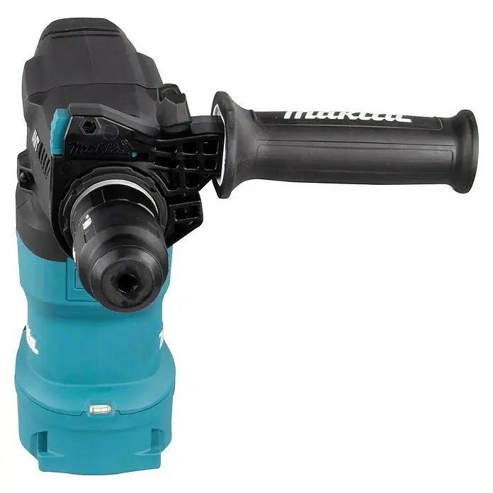 Makita Kombihammer HR3012FCJ - 1.050 W, 3,9 J, SDS-Plus-Aufnahme - Das Bild zeigt einen Akku-Bohrhammer von Makita mit einem schwarzen Griff und einem türkisfarbenen Gehäuse. Das Gerät ist für schwere Bohrarbeiten konzipiert.