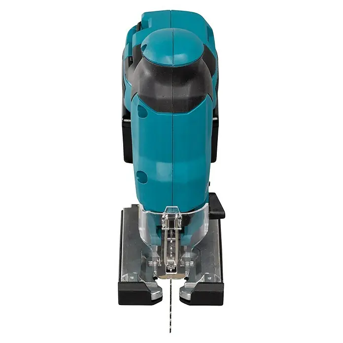 Makita LXT 18V Sierra de calar a batería con acción pendular DJV185 - 18 V, 1 batería, 3 Ah, Número de carreras marcha en vacío: 800 /min - 3.000 /min - Vista superior de una sierra de calar azul con base metálica y una hoja que sobresale. La herramienta está diseñada para cortar madera con precisión.