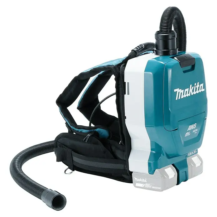 Makita LXT 18V Akku-Rucksackstaubsauger DVC265ZXU - 36 V, Ohne Akku, Behältervolumen: 2 l - Akkubetriebener Rucksackstaubsauger von Makita in Türkis und Weiß mit flexiblem Schlauch und Tragegurten für den mobilen Einsatz.