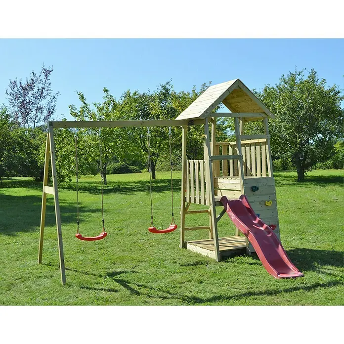 Wendi Toys Kinderspielturm Salamander - Natur/Rot - Abenteuerlicher Spielplatz mit Schaukeln, Rutsche und Kletterwand, ideal für stundenlangen Spaß im Freien.