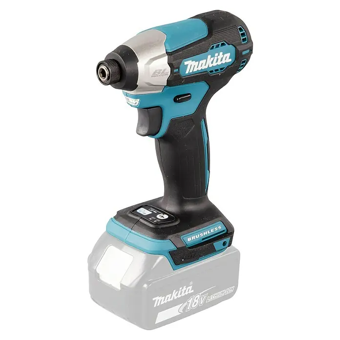 Makita LXT 18V Llave de impacto de batería DTD157Z - 18 V, Sin batería, 140 Nm - Primer plano de un atornillador de impacto inalámbrico Makita con detalles verde azulado, montado en una batería.