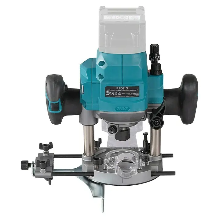 Makita Oberfräse RP001GZ - 40 V, 1 Akku - Detailaufnahme einer Makita RP001G Akku-Oberfräse, ein vielseitiges Werkzeug für präzise Holzarbeiten. Ideal für Profis und Heimwerker.