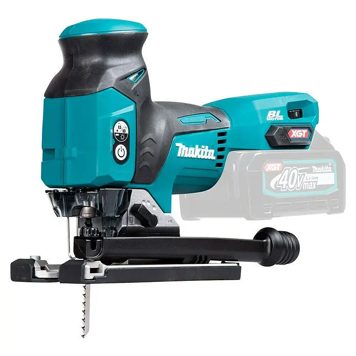 Makita XGT 40V max. Akku-Pendelhubstichsäge JV001GZ - 40 V, Ohne Akku, Leerlaufhubzahl: 800 /min - 3.500 /min - Eine Makita Akku-Stichsäge in Nahaufnahme, die das Werkzeug und seine Funktionen hervorhebt.