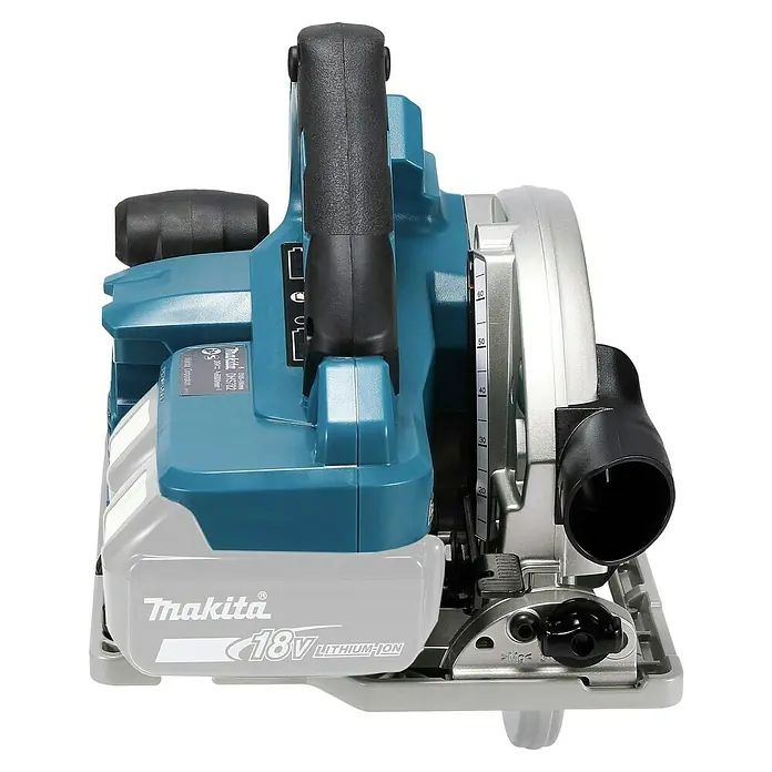 Makita LXT 18V Sierra circular de batería DHS782ZJ - 18 V, Sin batería, Diámetro hoja de sierra: 190 mm, 6.000 r.p.m. - Primer plano de una sierra circular inalámbrica Makita DHS712 con batería de iones de litio de 18 V y empuñadura ergonómica.