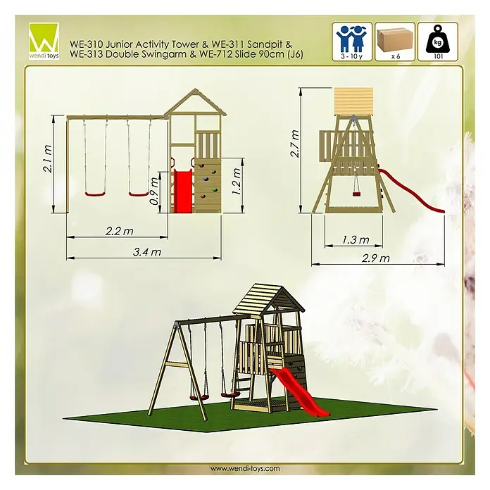 Wendi Toys Kinderspielturm Salamander - Natur/Rot - Abbildung des WE-310 Junior Activity Tower, WE-311 Sandkasten, WE-313 Doppelschaukelarm & WE-712 Rutsche 90cm (J6) Spielplatzes.