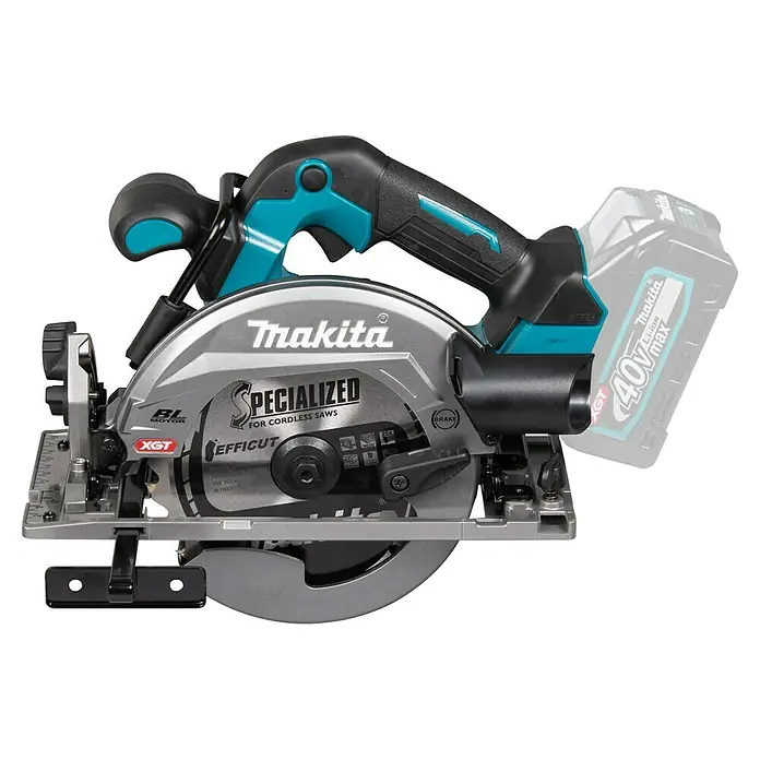 Makita XGT 40V max. Sierra circular de batería HS012GZ - 40 V, Sin batería, Diámetro hoja de sierra: 165 mm, 5.200 r.p.m. - Primer plano de una sierra circular inalámbrica Makita con batería de 40 V máx., especializada para sierras inalámbricas, ideal para cortes precisos.