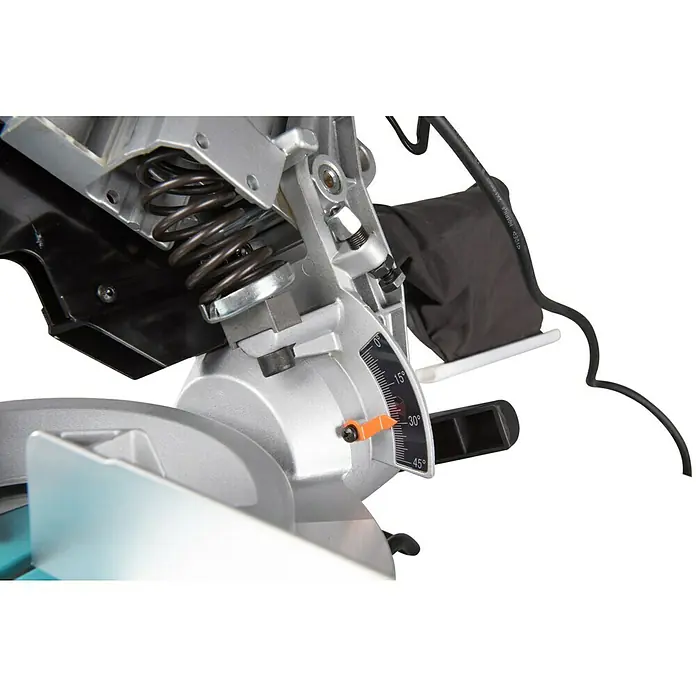 Makita Kapp- & Gehrungssäge LH1201FL - 1.650 W, Durchmesser Sägeblatt: 305 mm, Leerlaufdrehzahl: 0 U/min - 3.800 U/min - Detailaufnahme einer Kapp- und Gehrungssäge, die Präzision und Funktionalität für Holzarbeiten vereint.