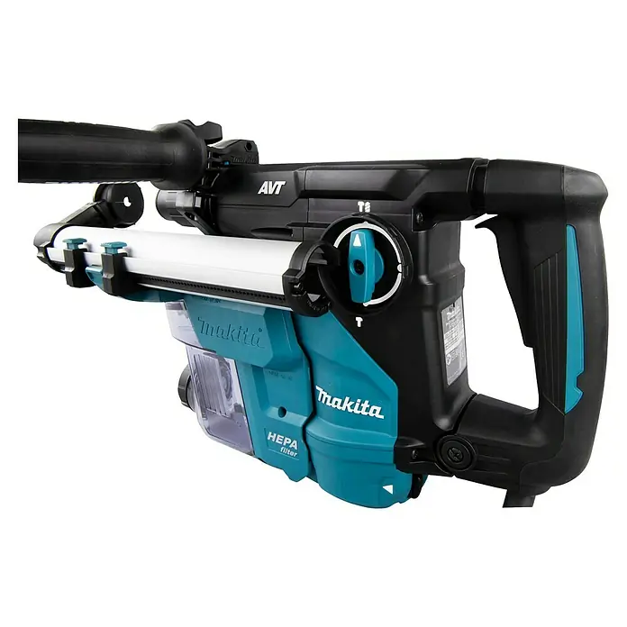 Makita Kombihammer HR3011FCJ - 1.050 W, 3,9 J, SDS-Plus-Aufnahme - Nahaufnahme eines Makita-Bohrhammers mit Staubabsaugung, der professionelle Leistung und Sauberkeit vereint.