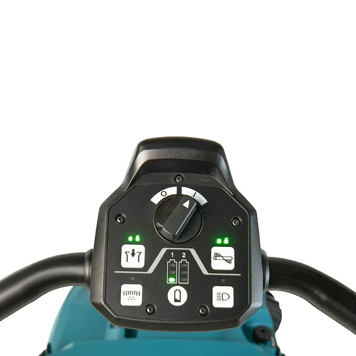 Makita XGT 40V max. Akku-Handkehrmaschine VS001GZ - 40 V, Arbeitsbreite: 650 mm, 24 l - Nahaufnahme der Bedienelemente einer Reinigungsmaschine, die verschiedene Funktionen und den Batteriestand anzeigen.