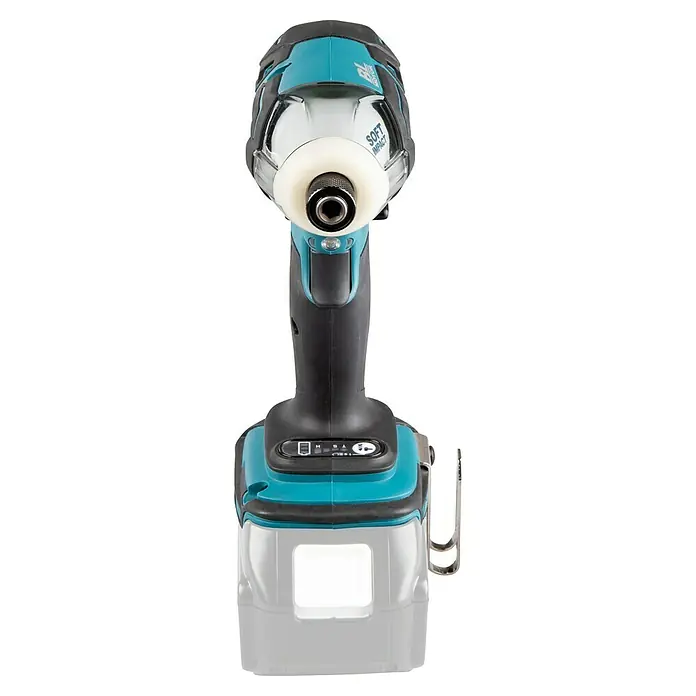 Makita LXT 18V Akku-Impulsschrauber DTS141Z - 18 V, Ohne Akku, 40 Nm - Nahaufnahme eines Makita Akku-Schlagschraubers mit Soft Impact Technologie und Akku.
